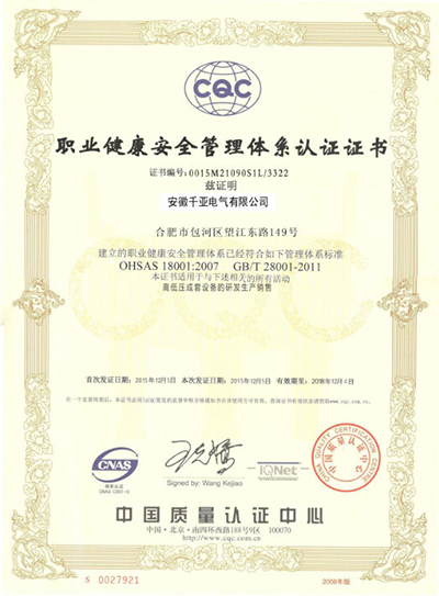 職業(yè)健康安全管理體系認(rèn)證證書(shū)